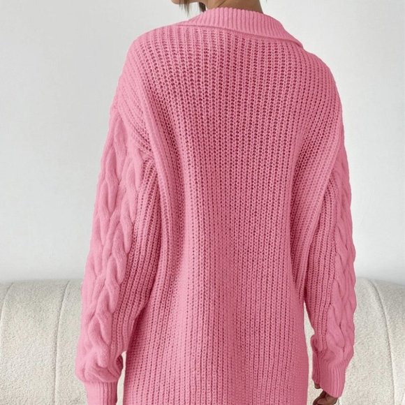 Long sleeved Cable Knit Sweater Dress Pink - Picture 3 of 5